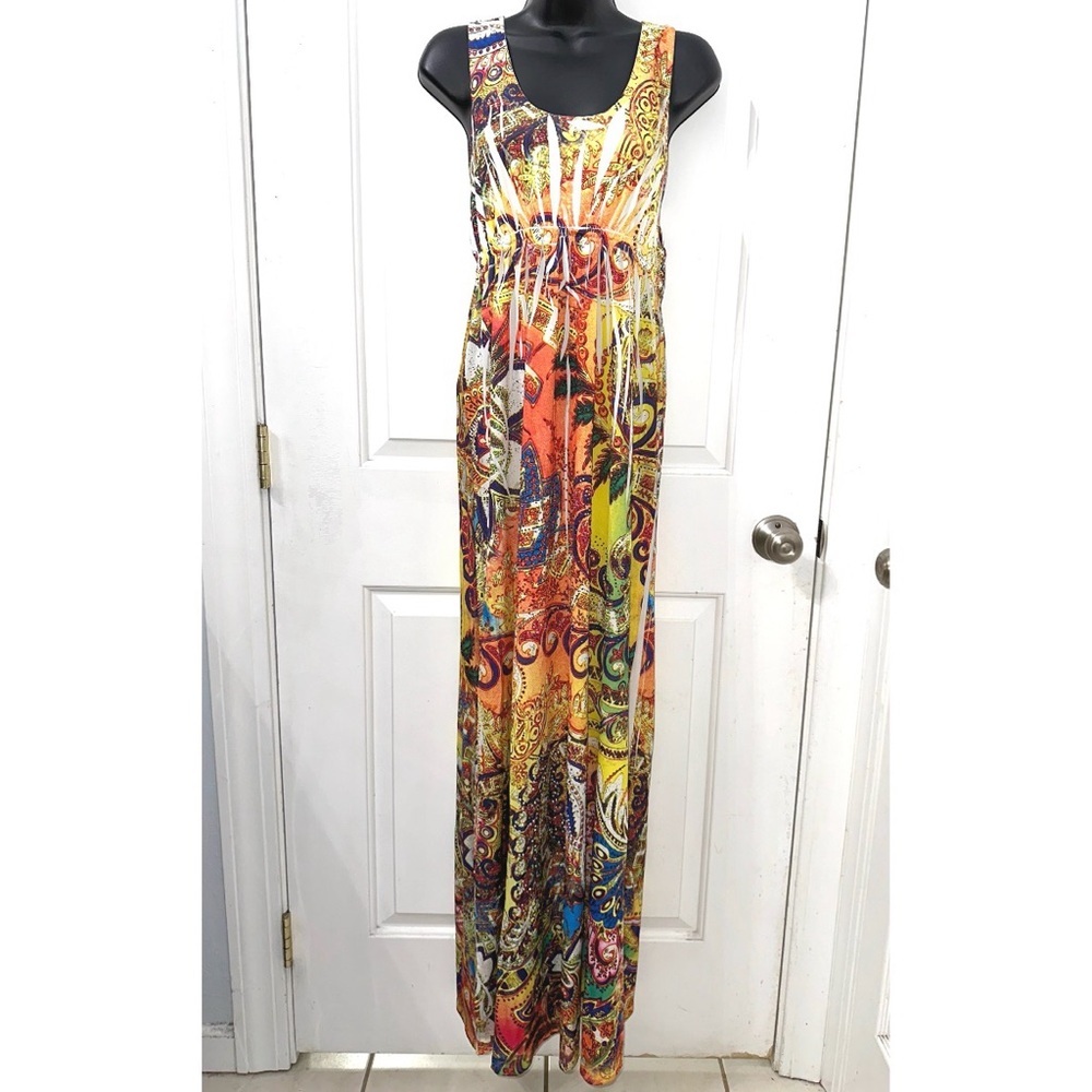 Ocean Breeze Orange & Yellow colorful maxi dress with colorful print